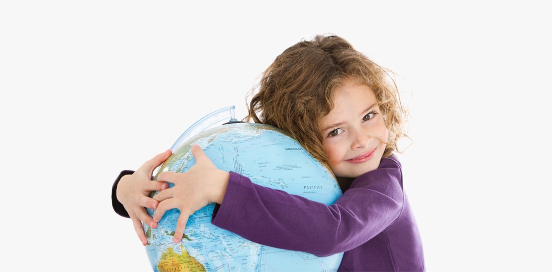 Smiling girl in purple shirt hugs a blue globe, symbolizing global care and connection.