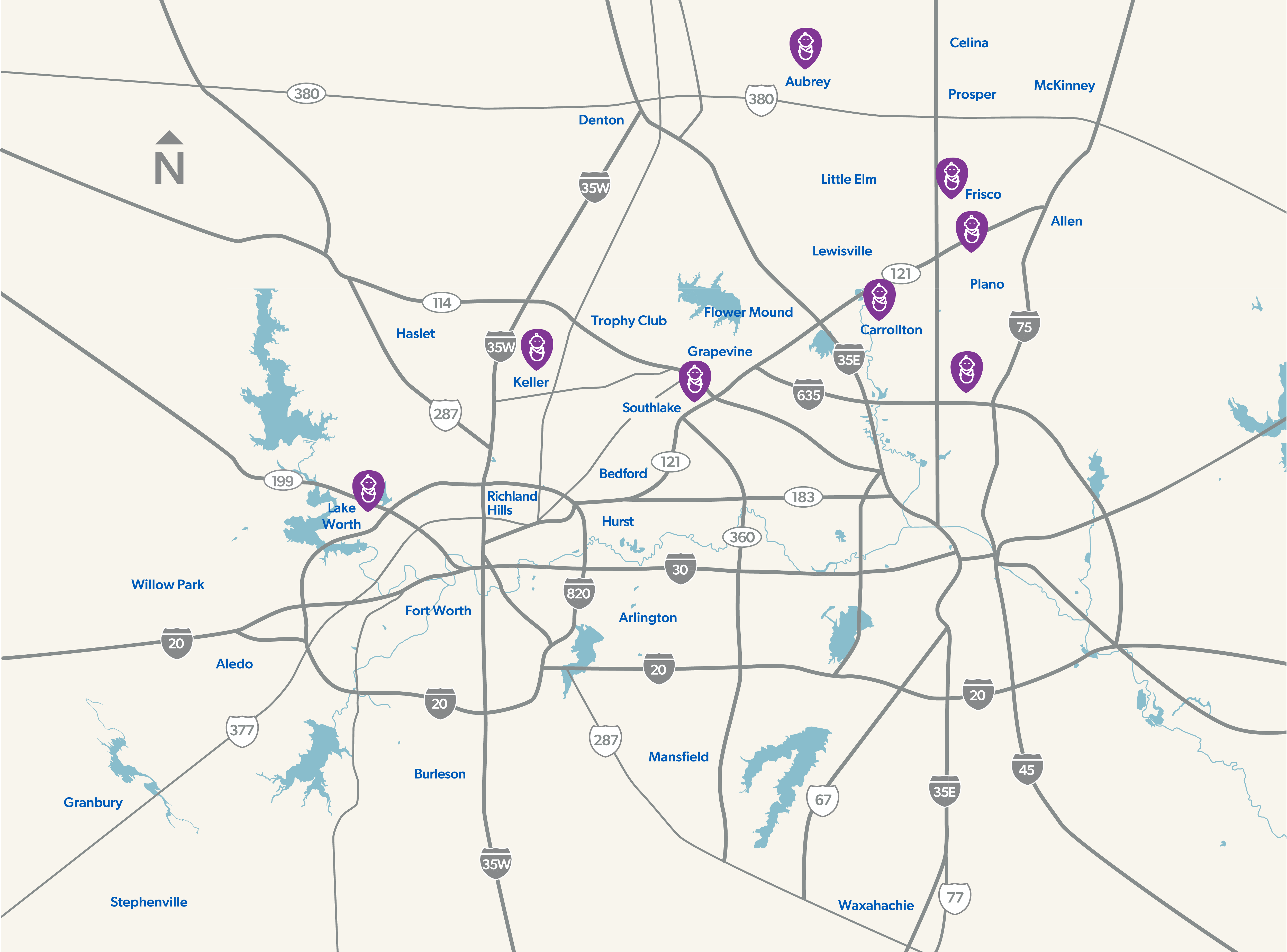 map of Cook Children's newborn classes offered in Dallas-Fort Worth