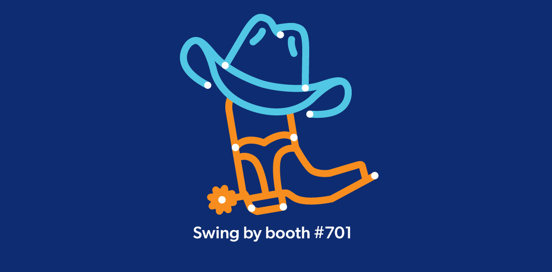 A blue cowboy hat and orange boot styled like a subway map with text Swing by booth #701