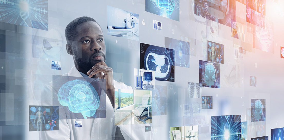 Doctor in lab coat thoughtfully examines floating medical data screens: brains, DNA, CT scans, lab equipment