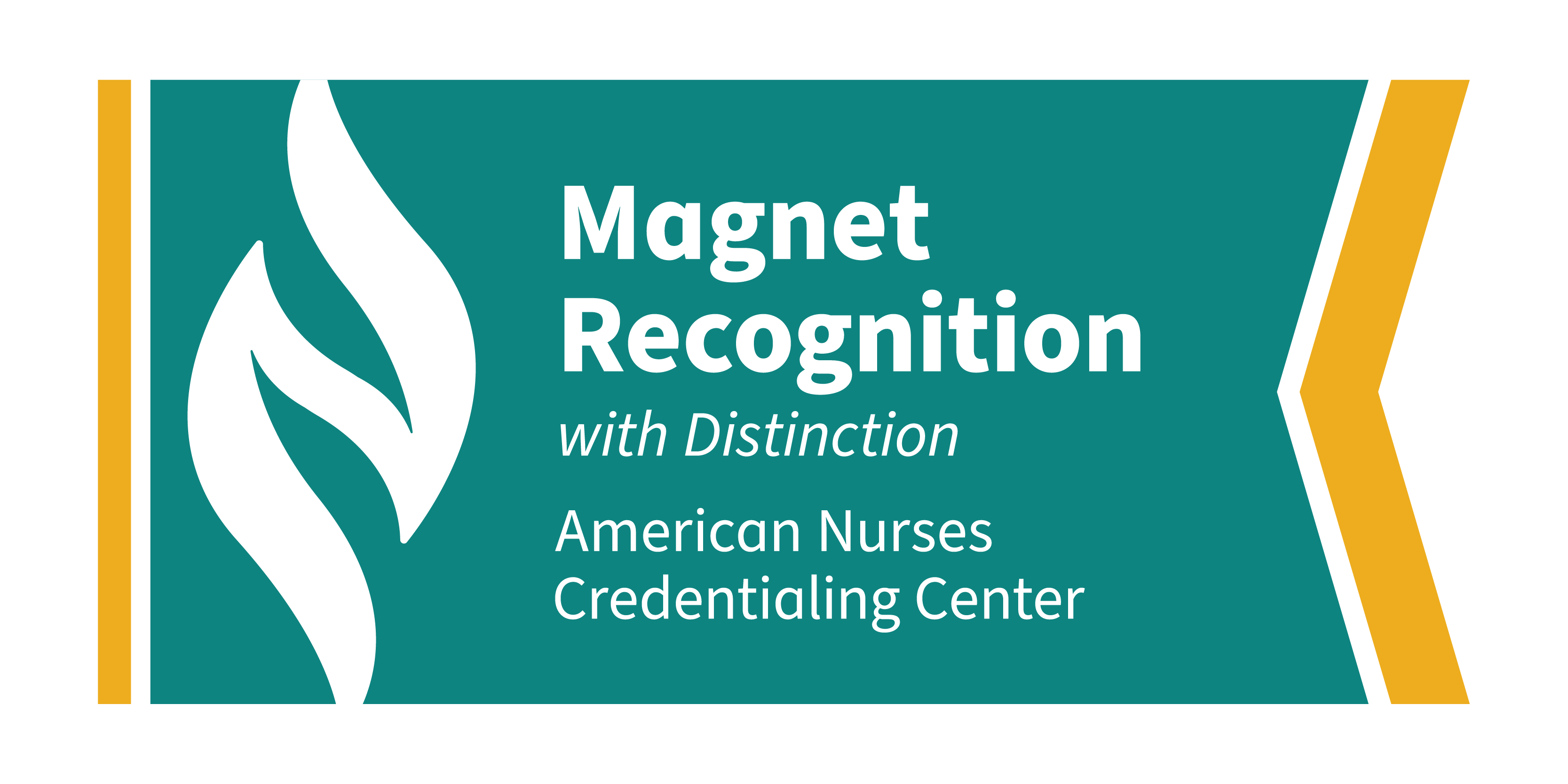 Magnet Recognition with Distinction, American Nurses Credentialing Center logo. Teal, gold, white