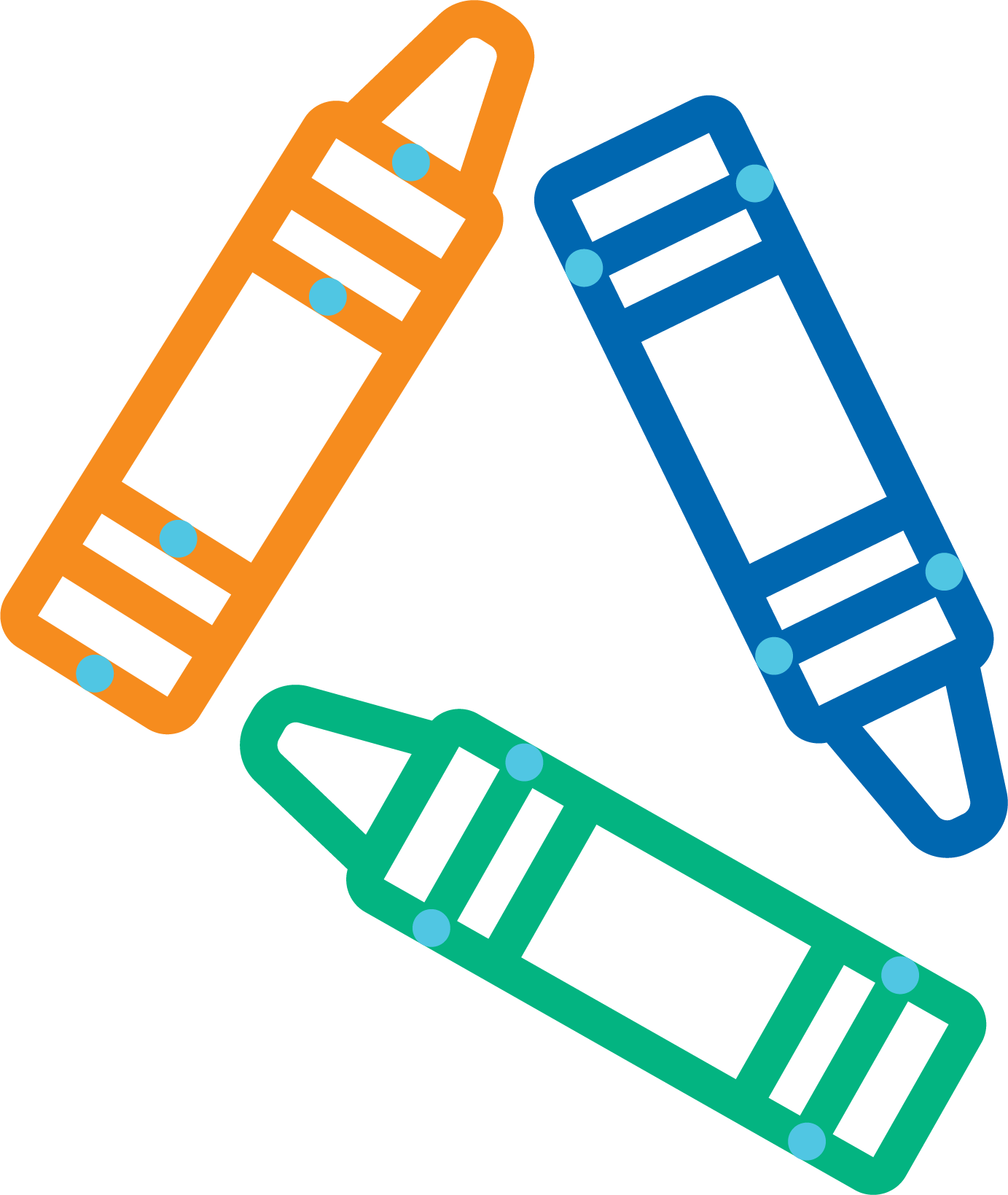 Three stylized crayons, orange, blue, and green, arranged in a triangular shape on a black background