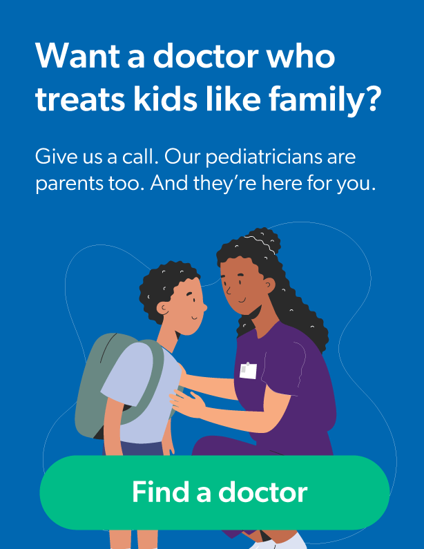 Want a doctor who treats kids like family? Pediatrician with child illustration. Find a doctor button