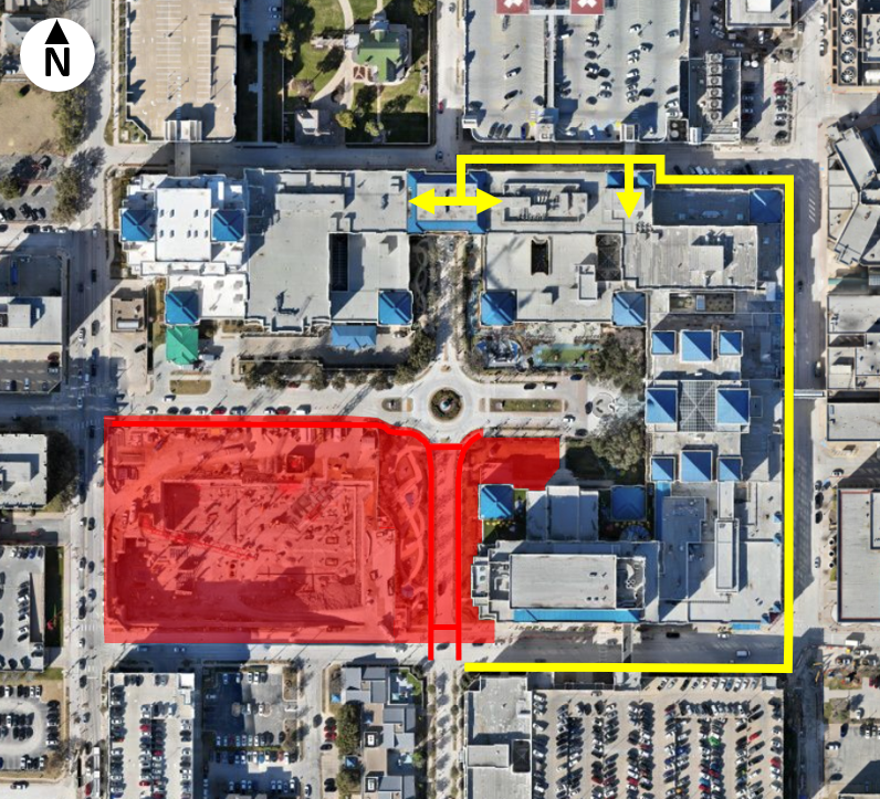 Aerial map: red area indicates campus construction site; yellow outlines existing hospital complex. North arrow