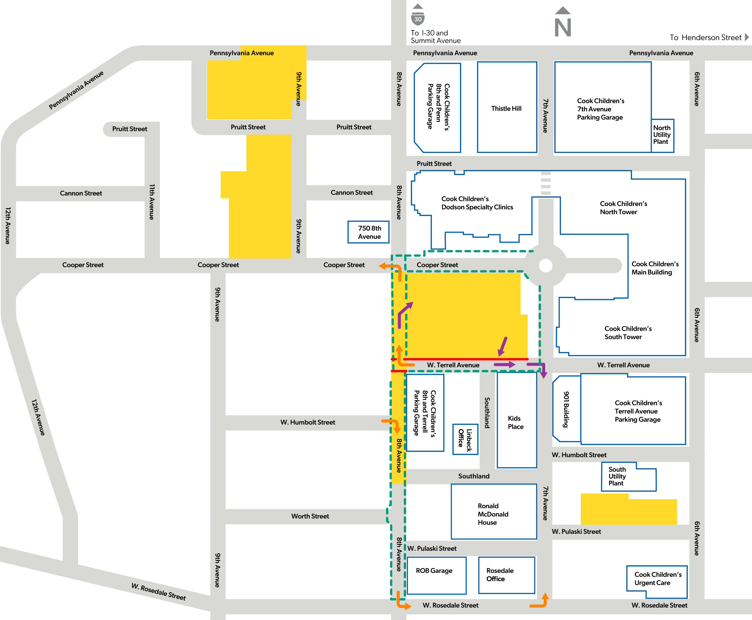Map of Cook Children's Medical Center campus with buildings, parking, streets, and directional arrows