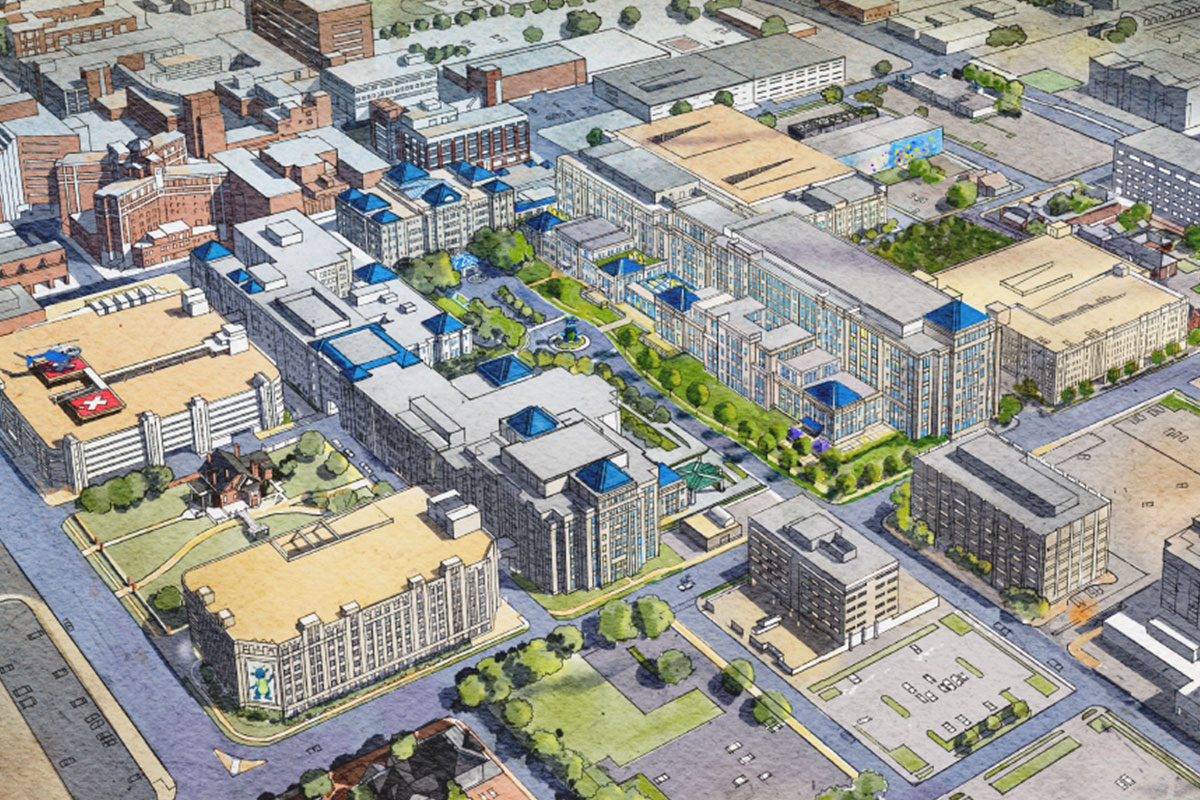 Aerial architectural rendering of a Cook Children's Medical Center campus with buildings, greens, and helipad