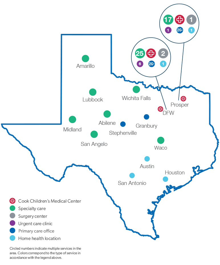 Illustrated map of Texas with city markers