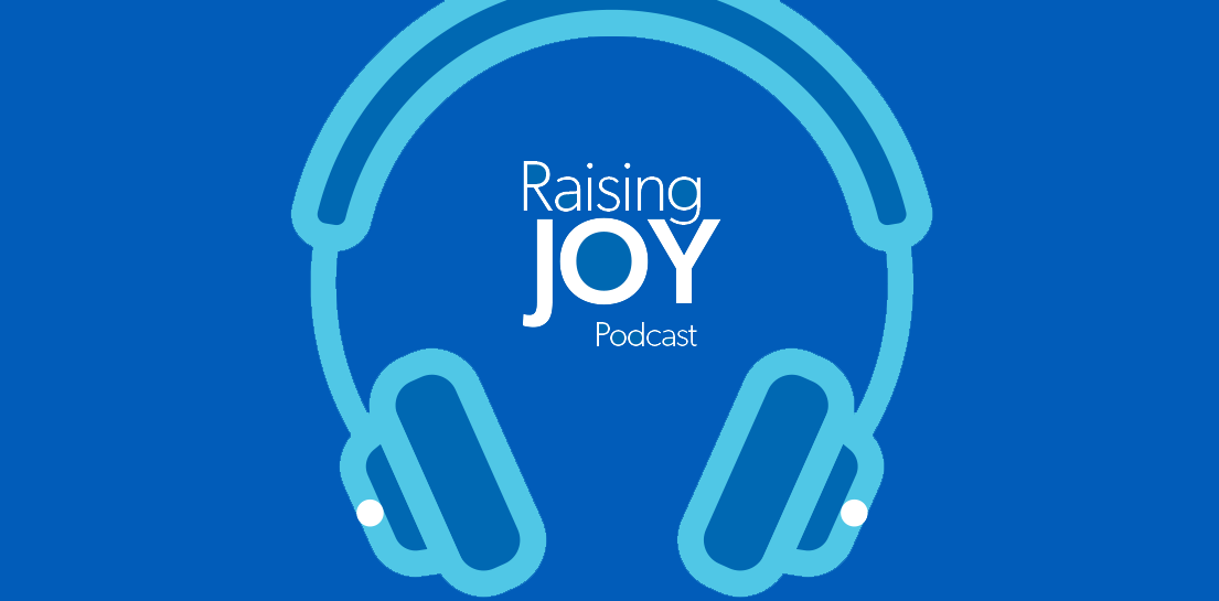 Raising JOY Podcast logo: light blue headphones on a dark blue background