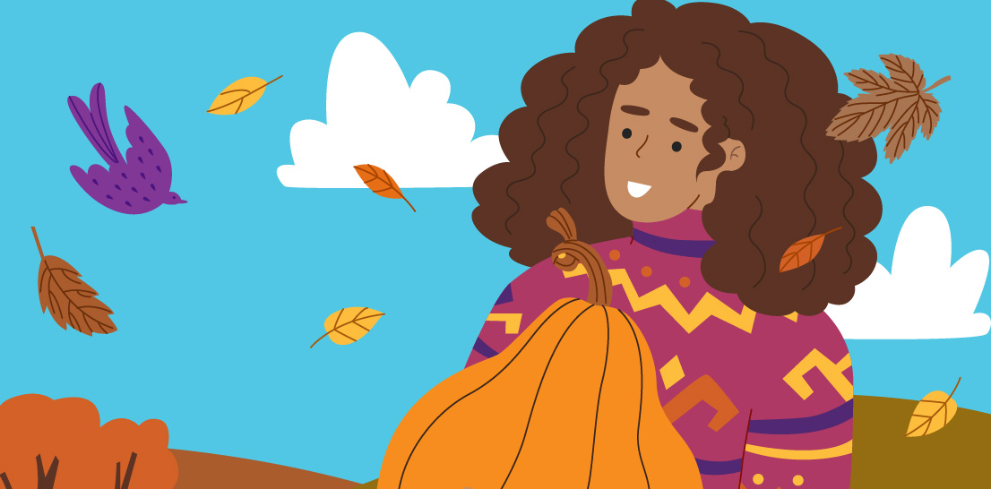 Smiling person in a patterned sweater holding a large pumpkin, surrounded by falling autumn leaves and a bird