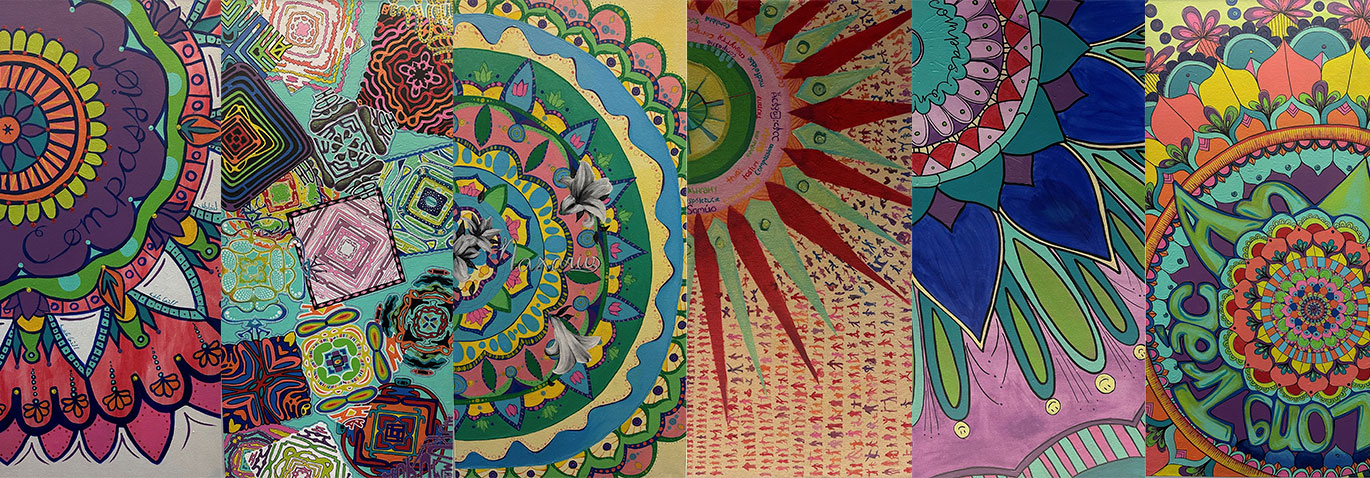 Colorful mural with intricate mandalas, patterns, tiny people, and text