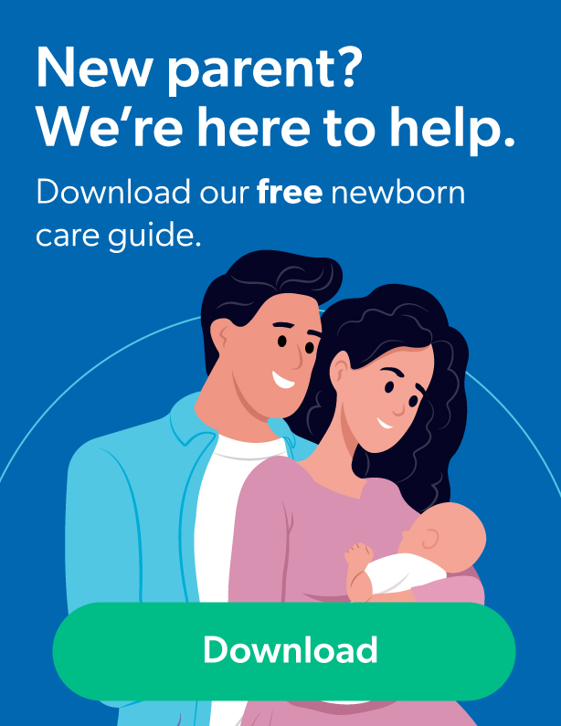 New parent? We're here to help. Download our free newborn care guide. Family with baby. Download button