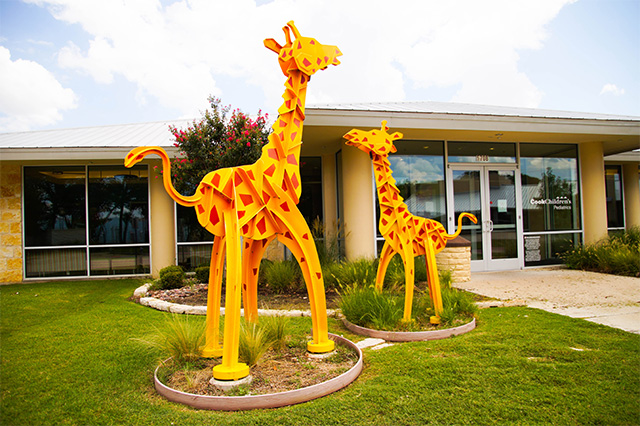 Cook Children's Pediatrics building entrance with two yellow and orange giraffe sculptures on a grassy lawn