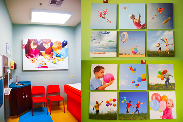 Two colorful children's medical rooms: one with a reading kids print, another with kite and balloon art