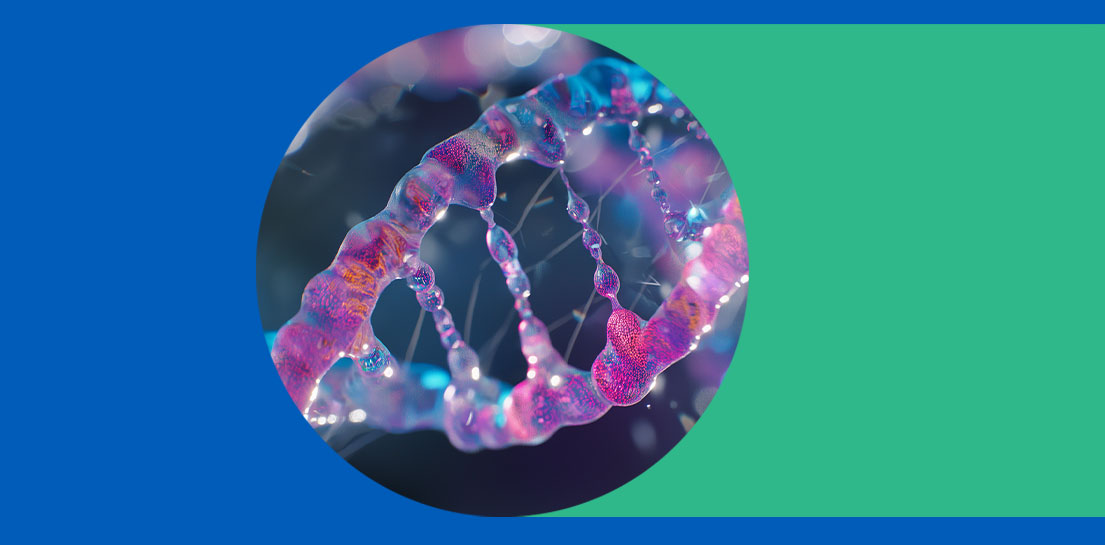 Sparkling, colorful DNA double helix in a circular frame, on a split blue and green background