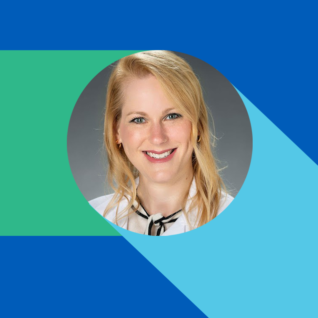 Smiling blonde woman in a white lab coat, centered in a circular frame, against a colorful geometric background