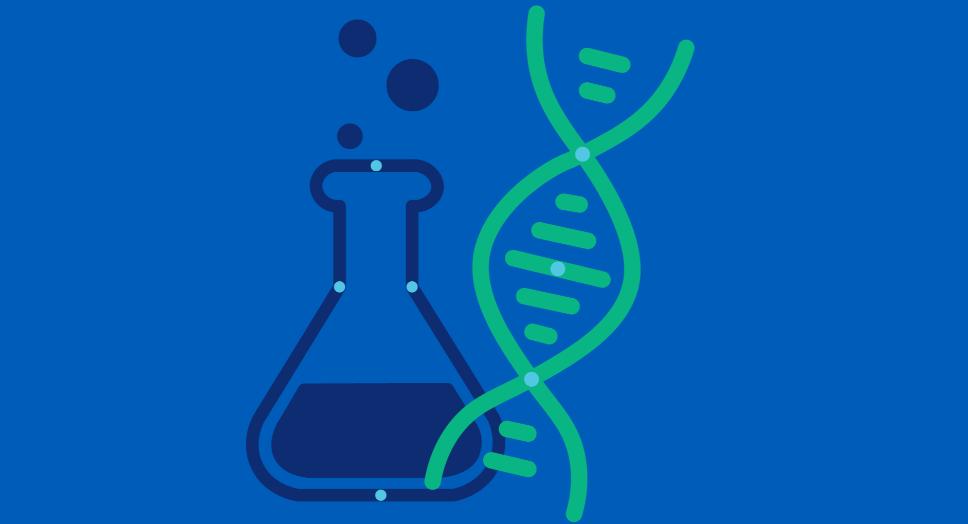 Blue lab flask with bubbles and green DNA helix, symbolizing scientific research