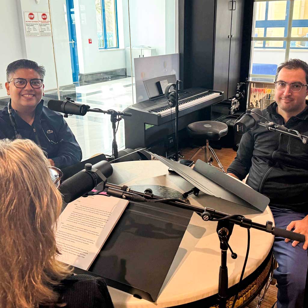 Dr. Mokdad and Pancham recording a tracheomalacia podcast in the Cook Children’s studio.