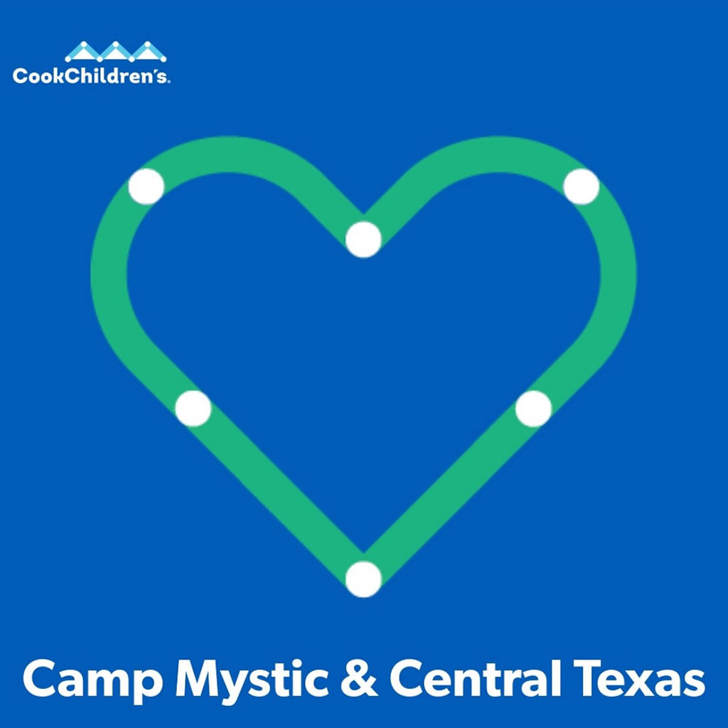 Green heart graphic on bright blue background with Camp Mystic & Central Texas as a title on the image