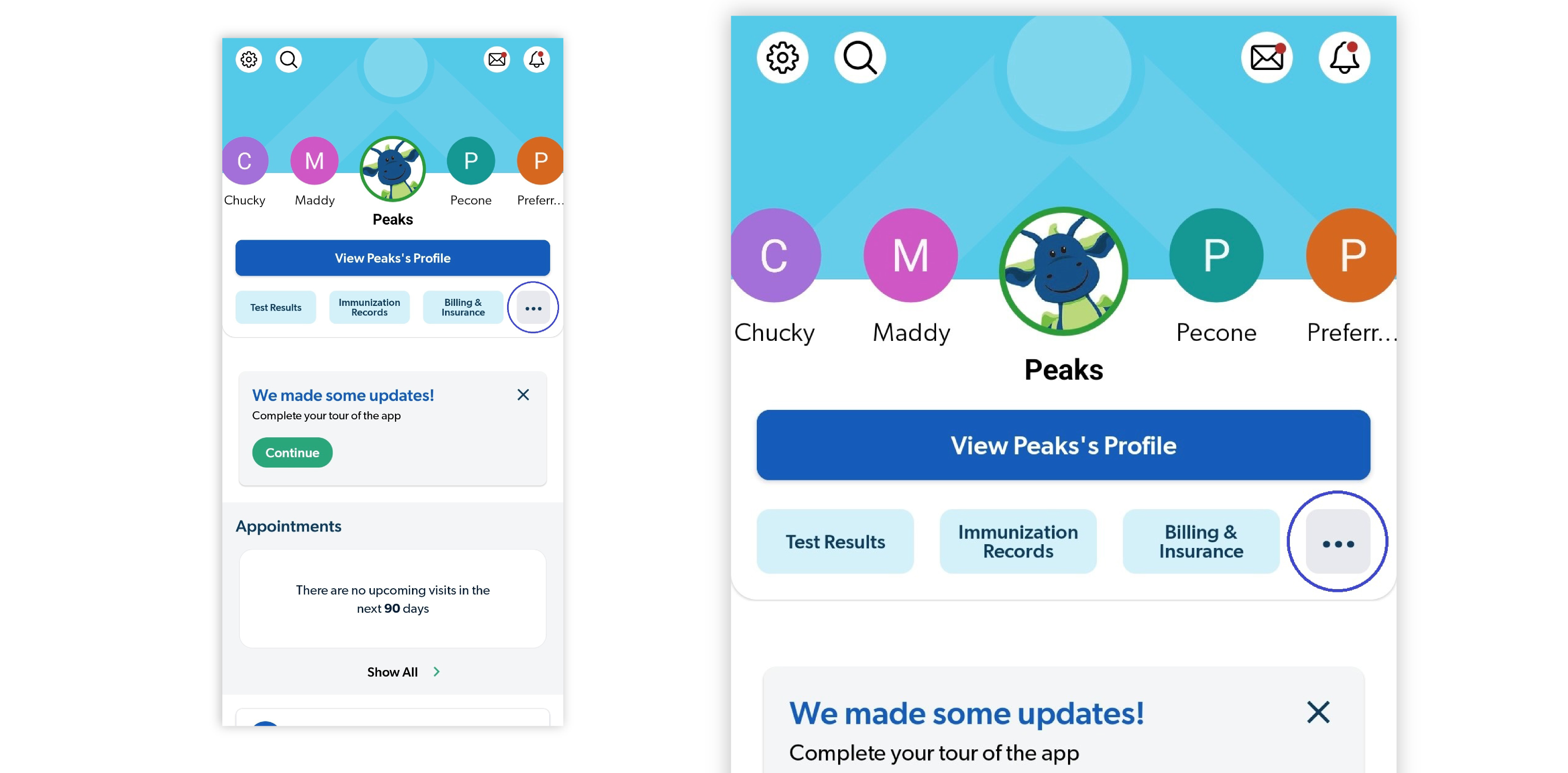 Image of MyCookChildren's app patient profile with most used shortcuts and three dots to get to the edit shortcuts page
