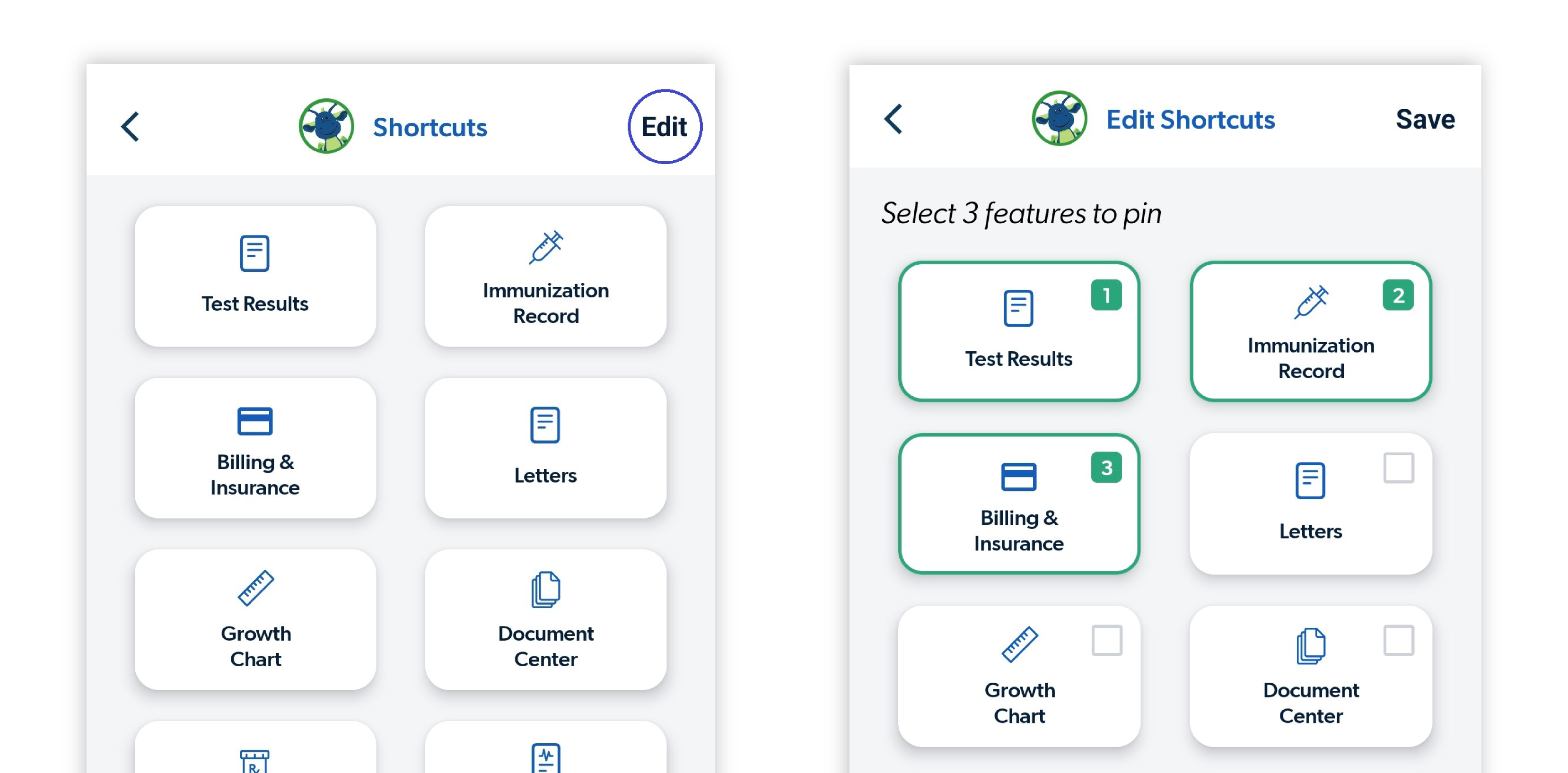 Image of available shortcut features on the MyCookChildren's app, edit shortcuts. page