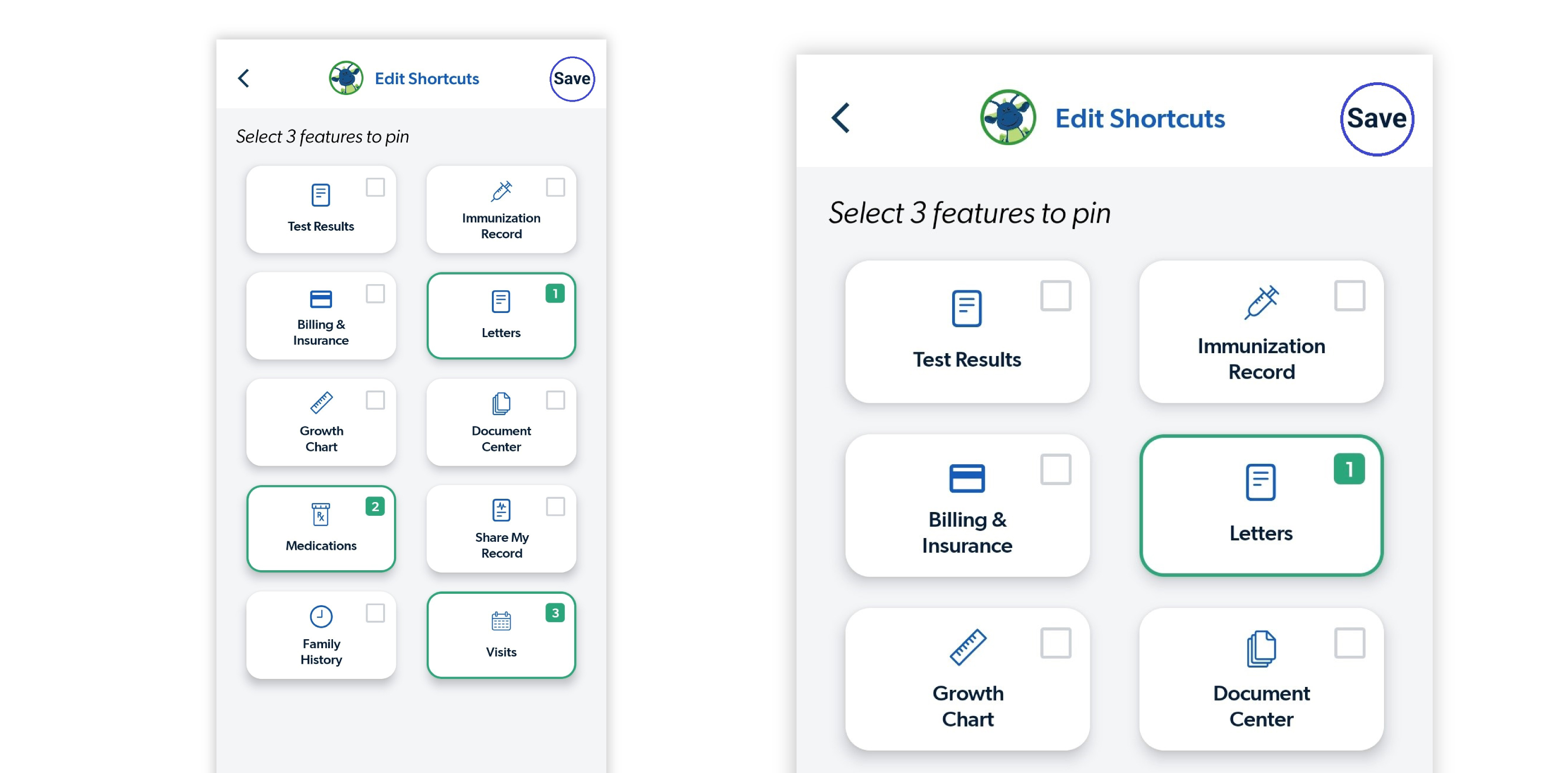 Image of new customized shortcut selections and save button in the MyCookChildren's app