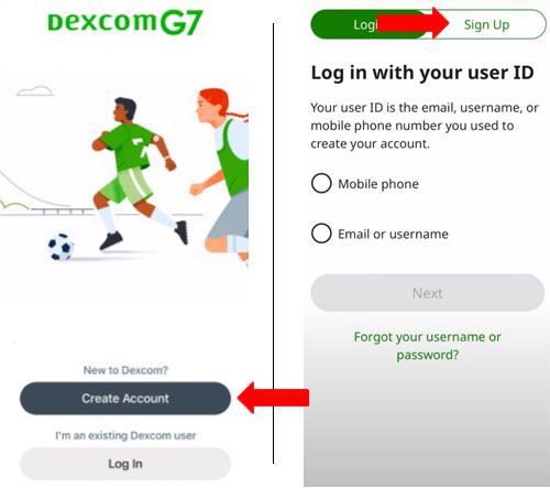 Dexcom screenshot (create account)