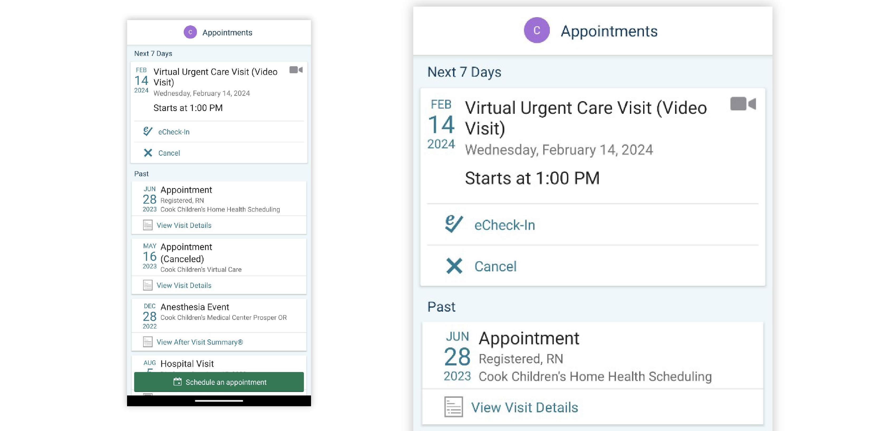 Image of appointments screen with upcoming appointment and eCheckin option in the MyCookChildren's app