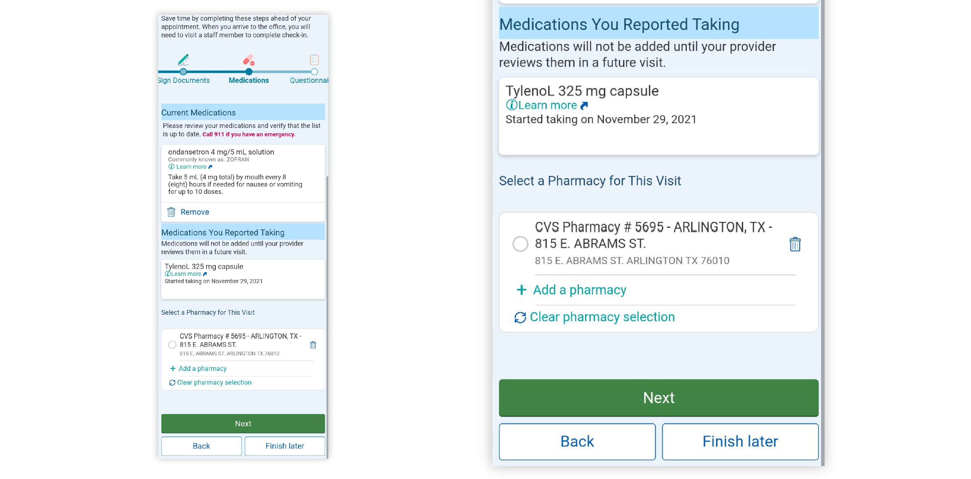Image of Medications page for eCheck-In