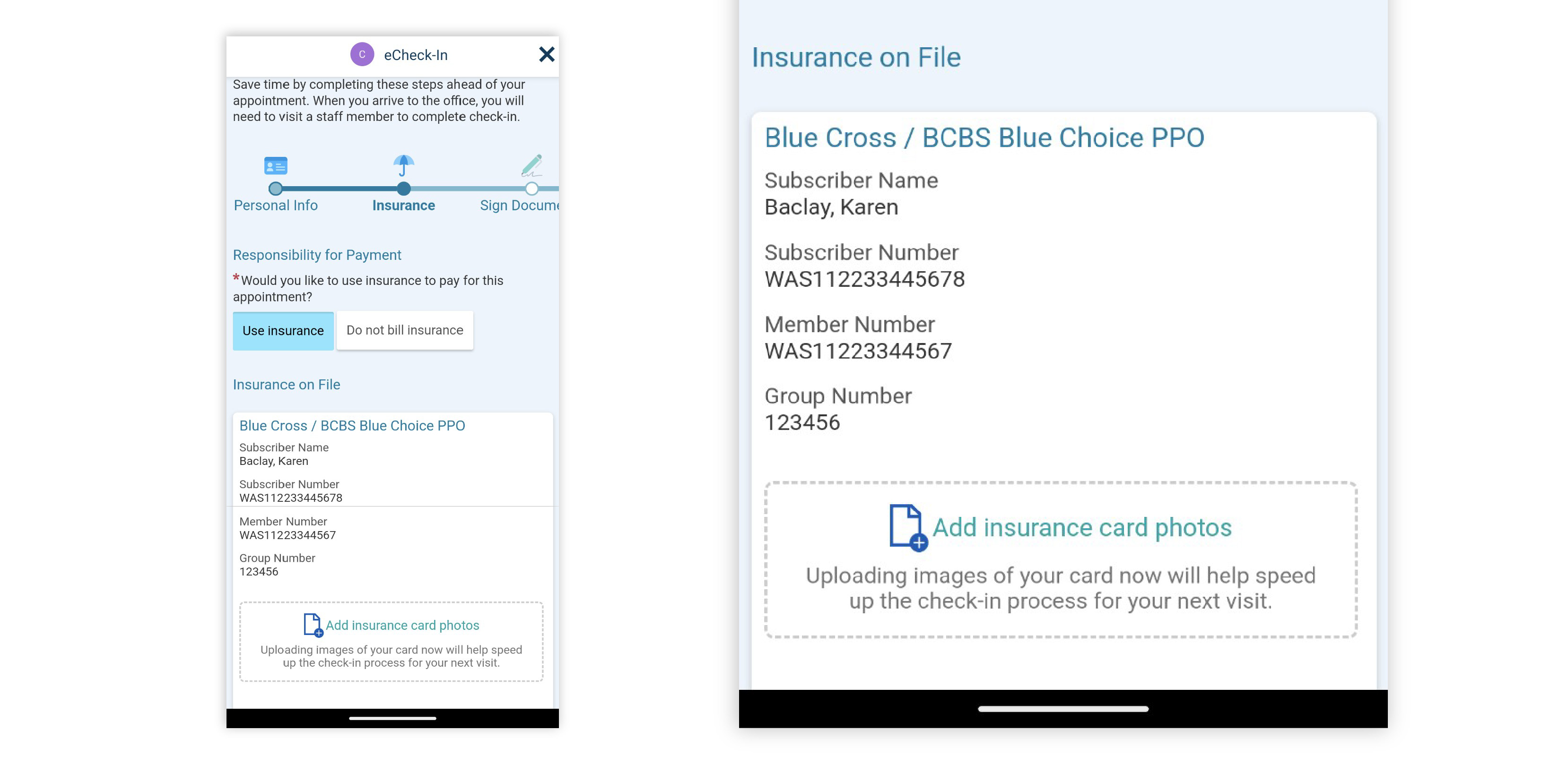 Image of Insurance page for eCheck-In