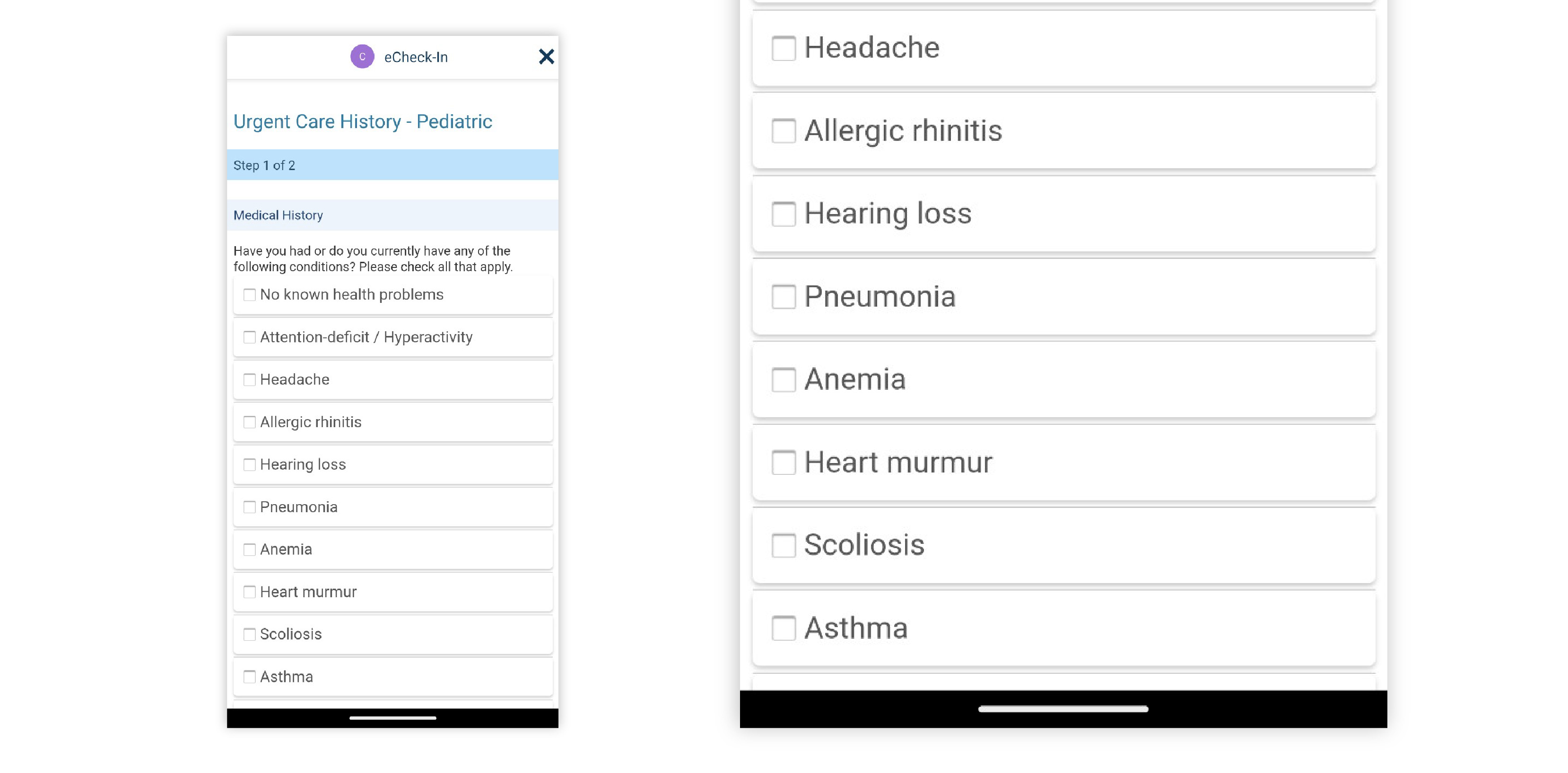 Image of Medical History page for eCheck-In