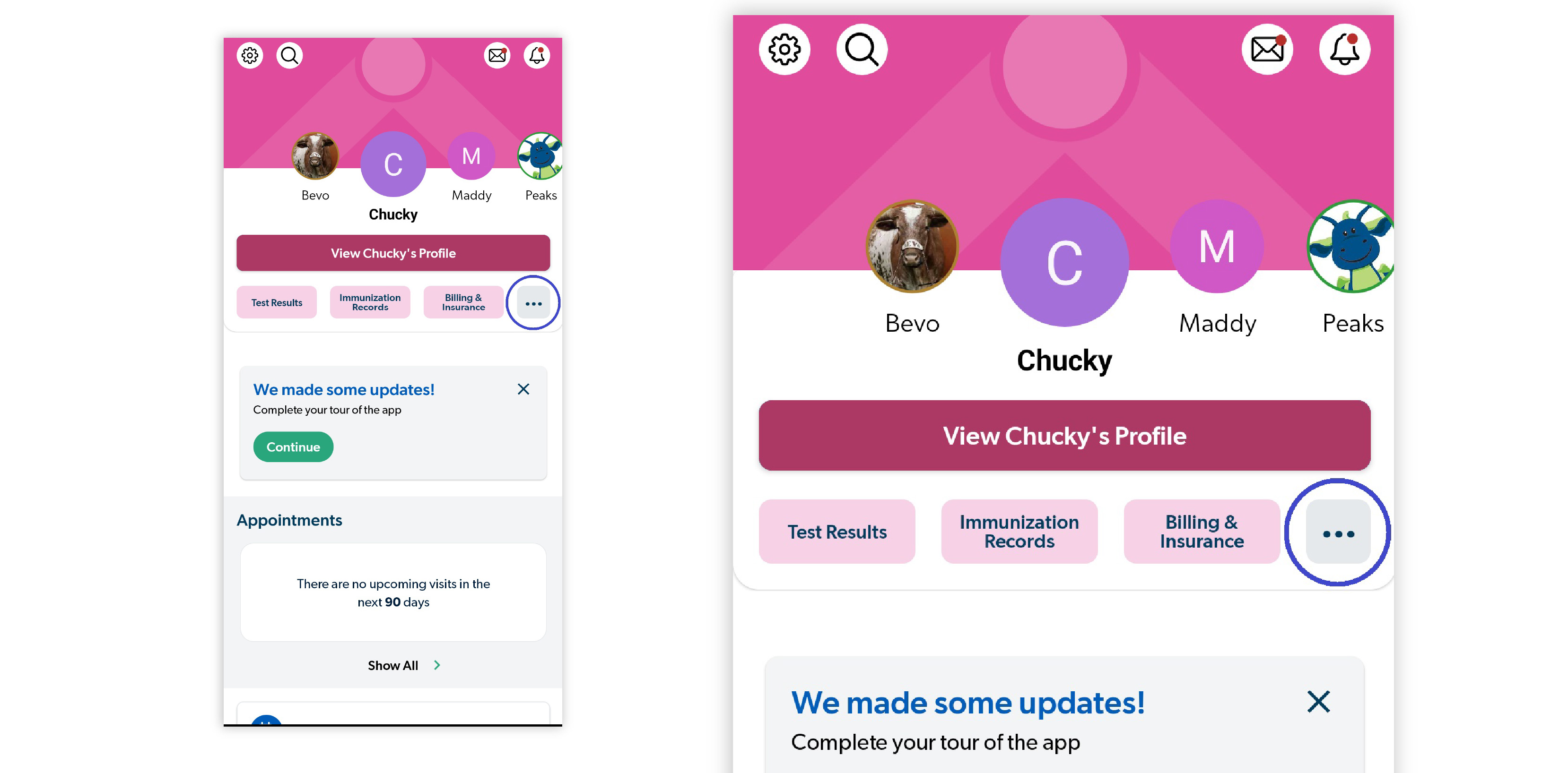 Image of child's profile on MyCookChildren's app with three dot icon circled
