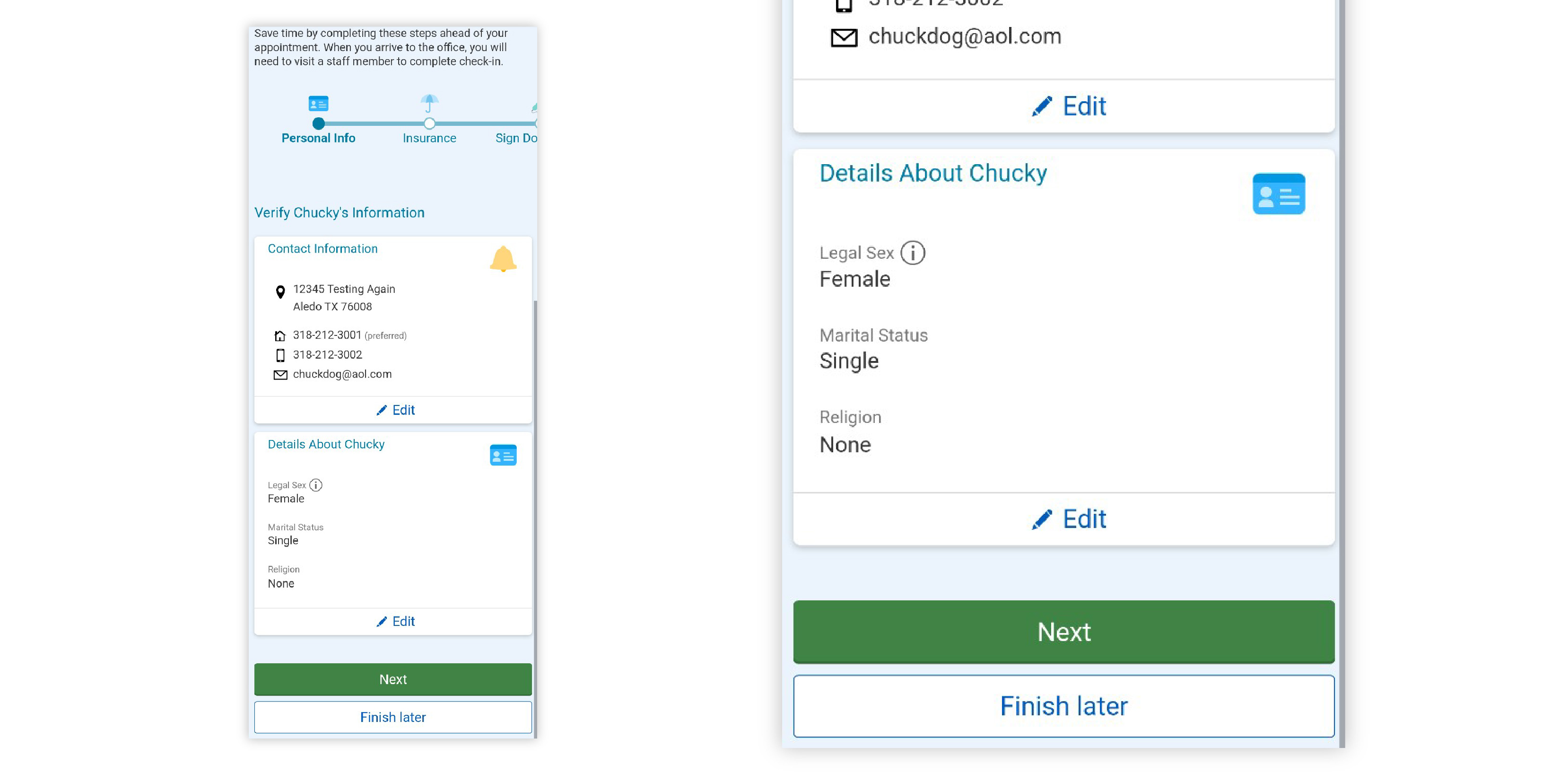Image of personal and contact information in MyCookChildren's app