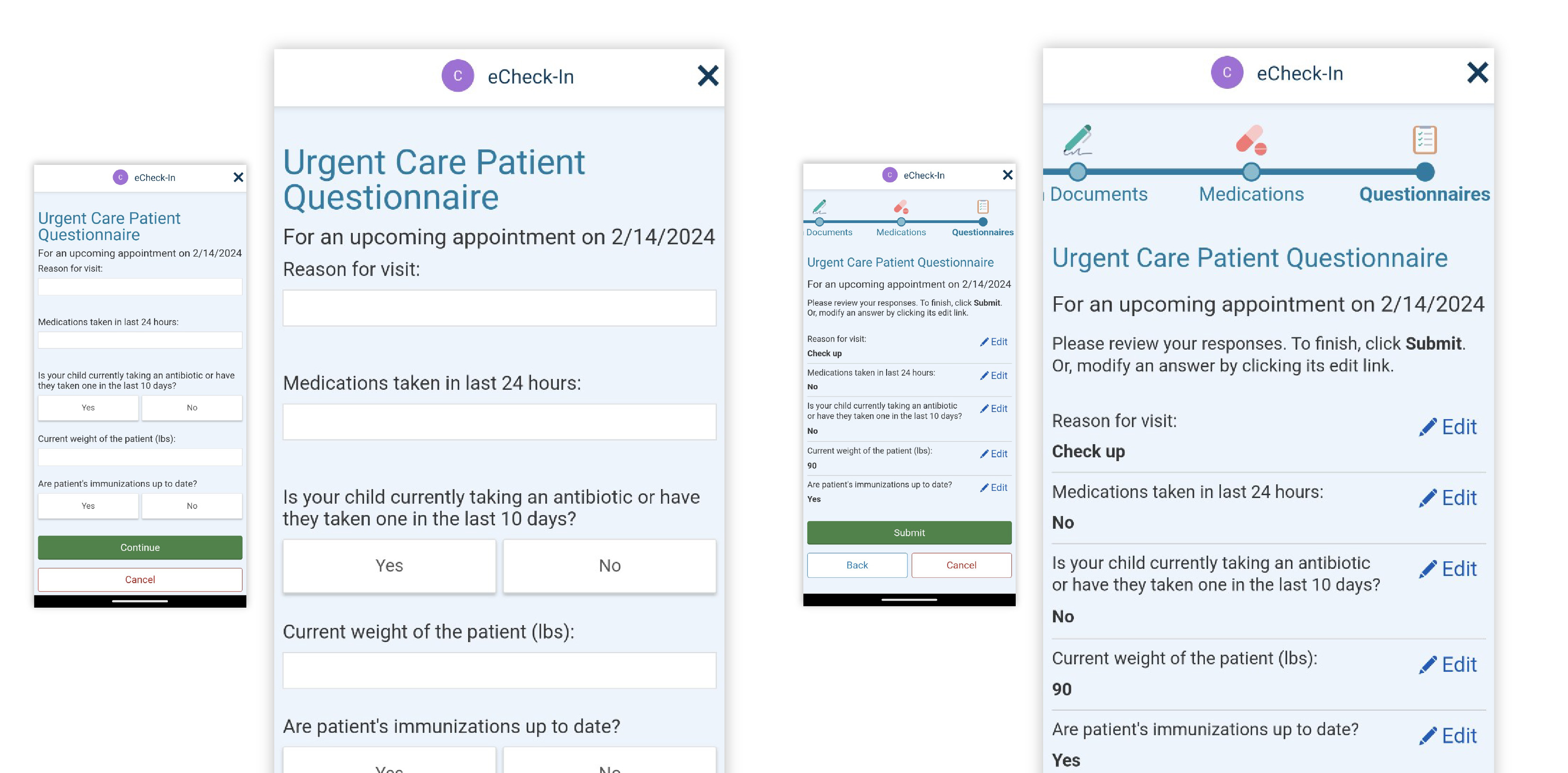 Image of Patient Questionnaire and confirmation page for eCheck-In