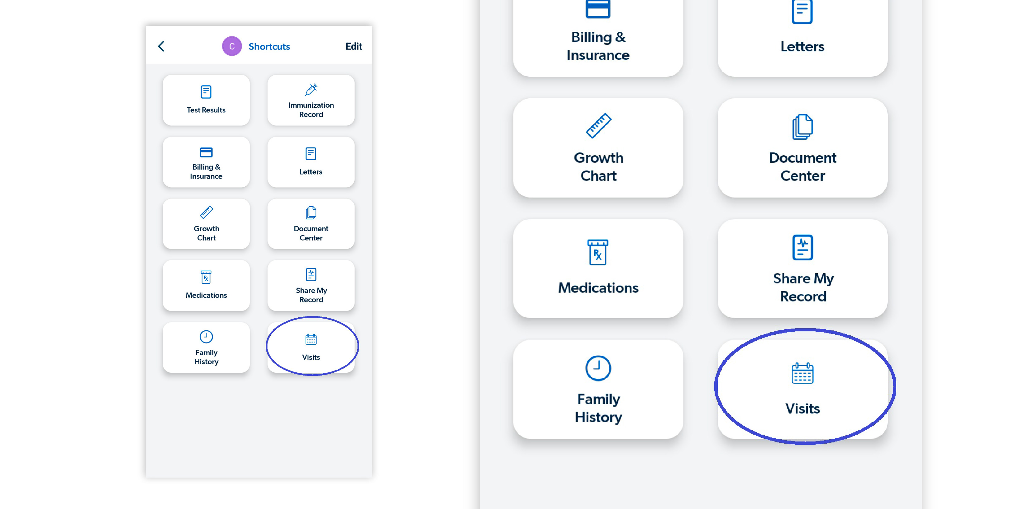 Image of shortcuts screen with visits button circled