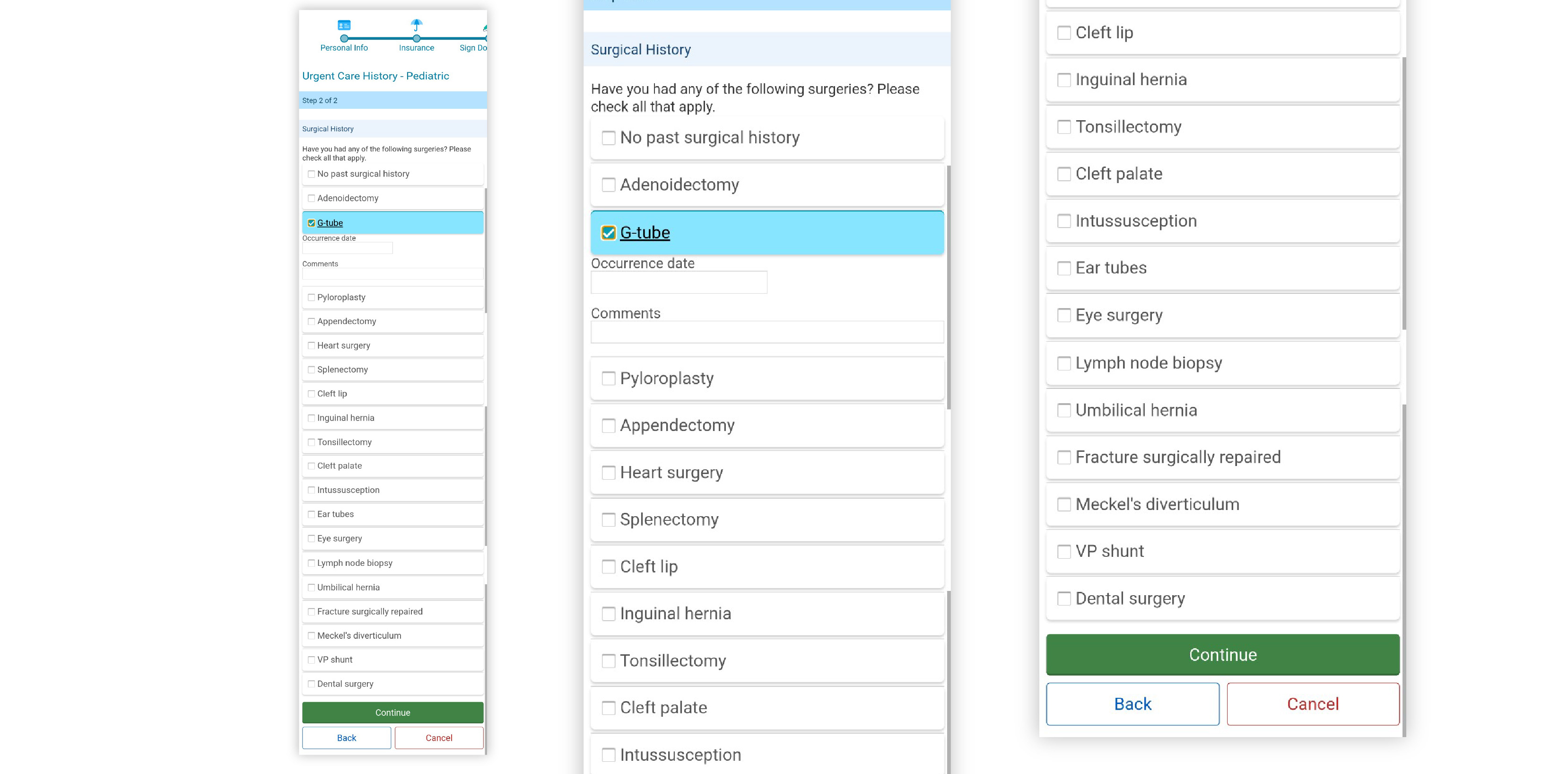 Image of Surgical History page for eCheck-In