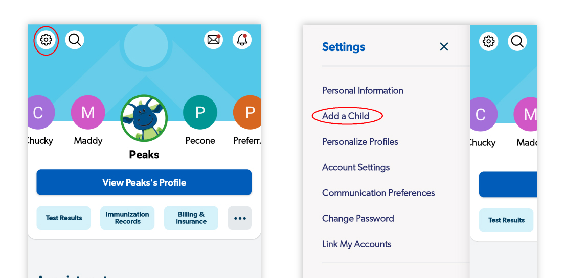Image of homepage on MyCookChildren's app with Settings icon circled