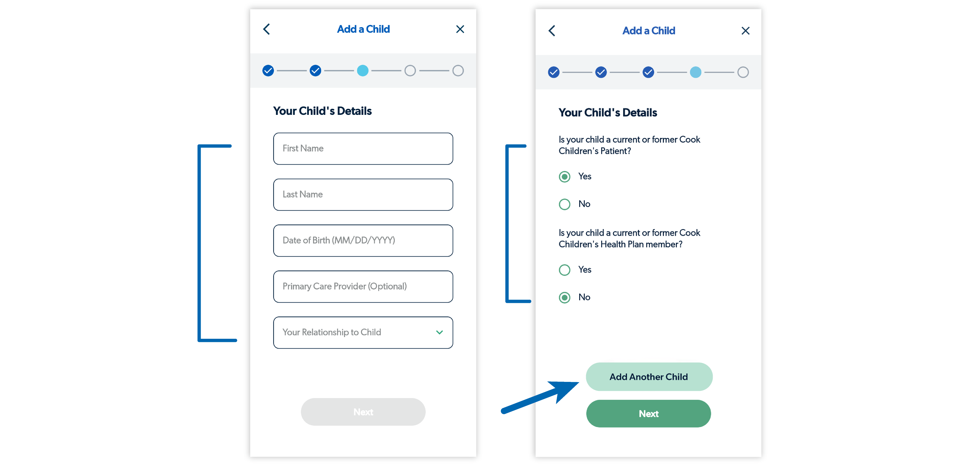 Image of Add a Child form for the child's details and a form with with yes/no buttons
