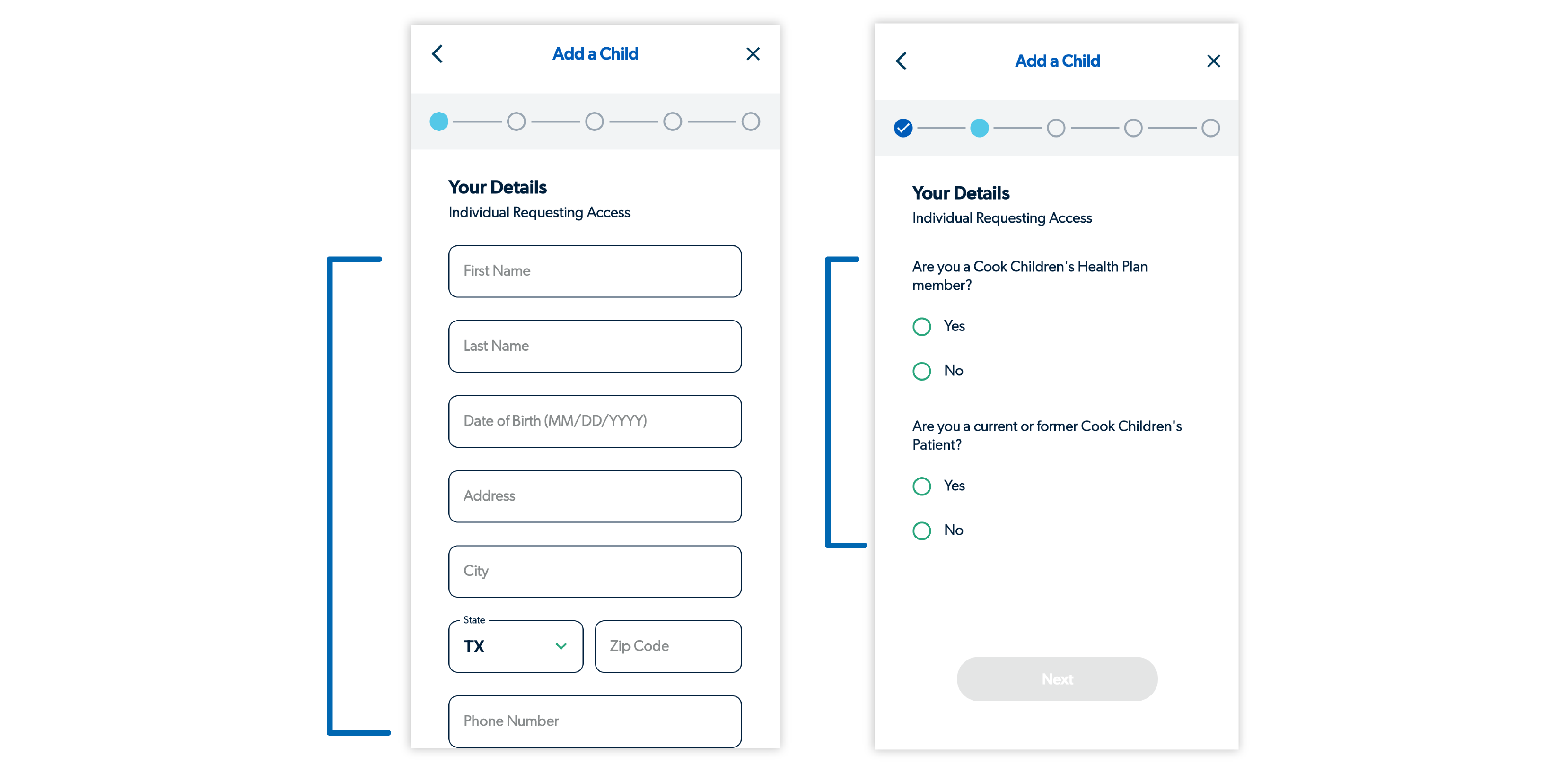 Image of Add a Child details form and form with yes/no questions