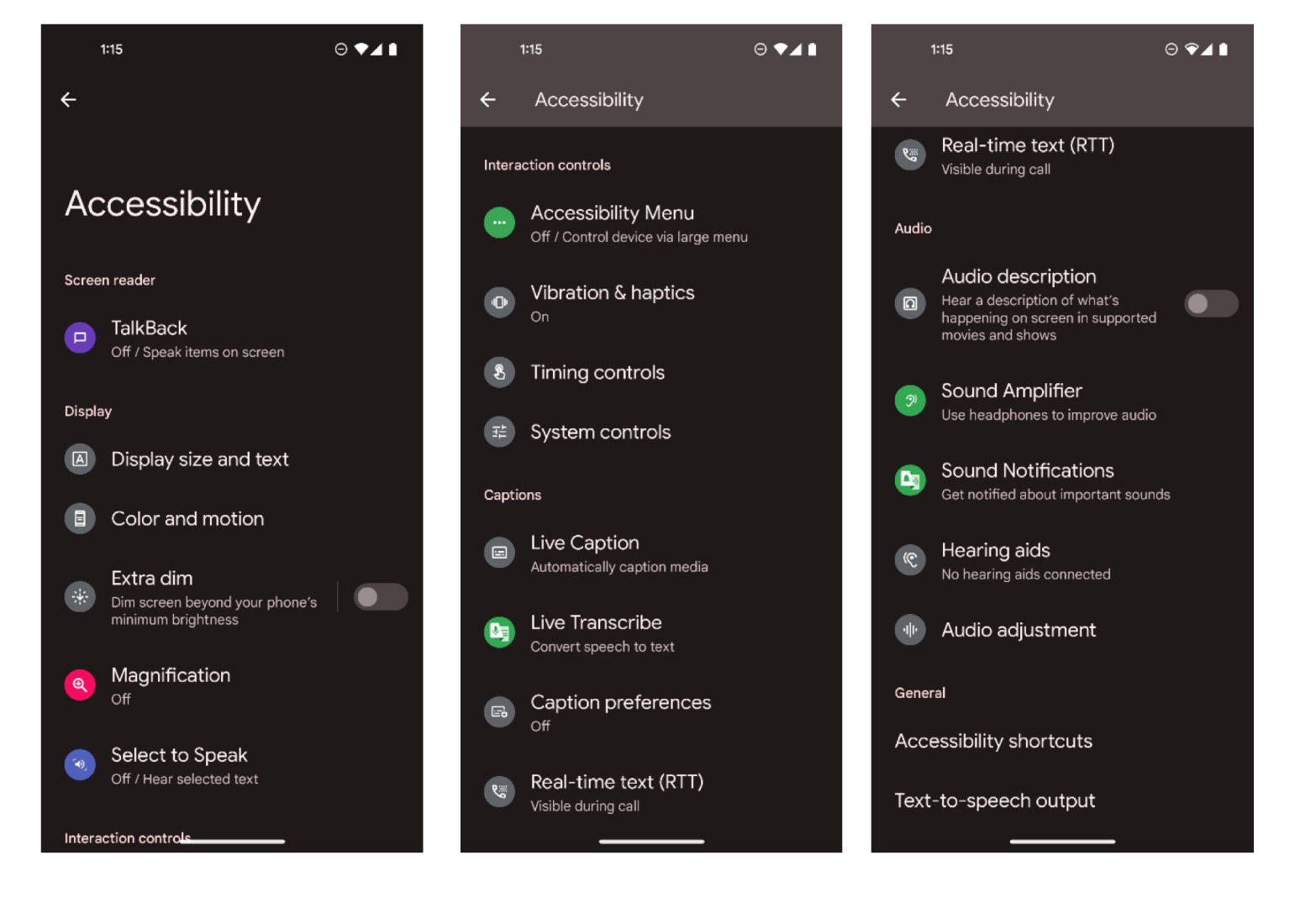 Image of three android accessibility features screens