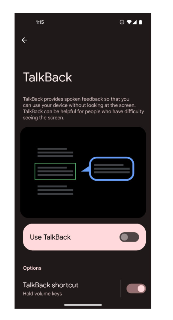 Image of android accessibility talkback voice features screens