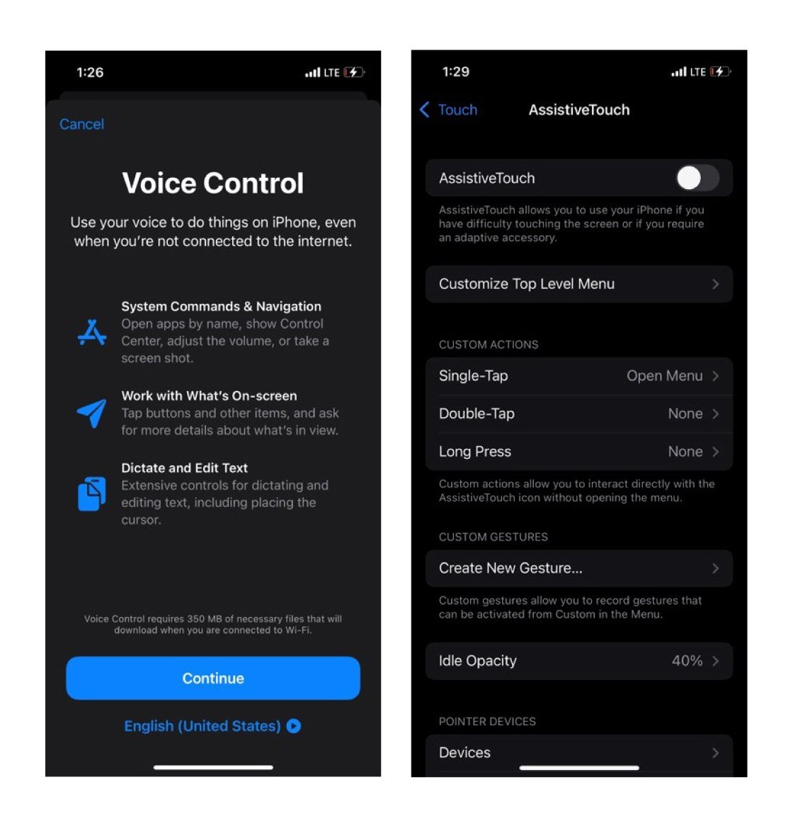 image of two iOS mobility features screens