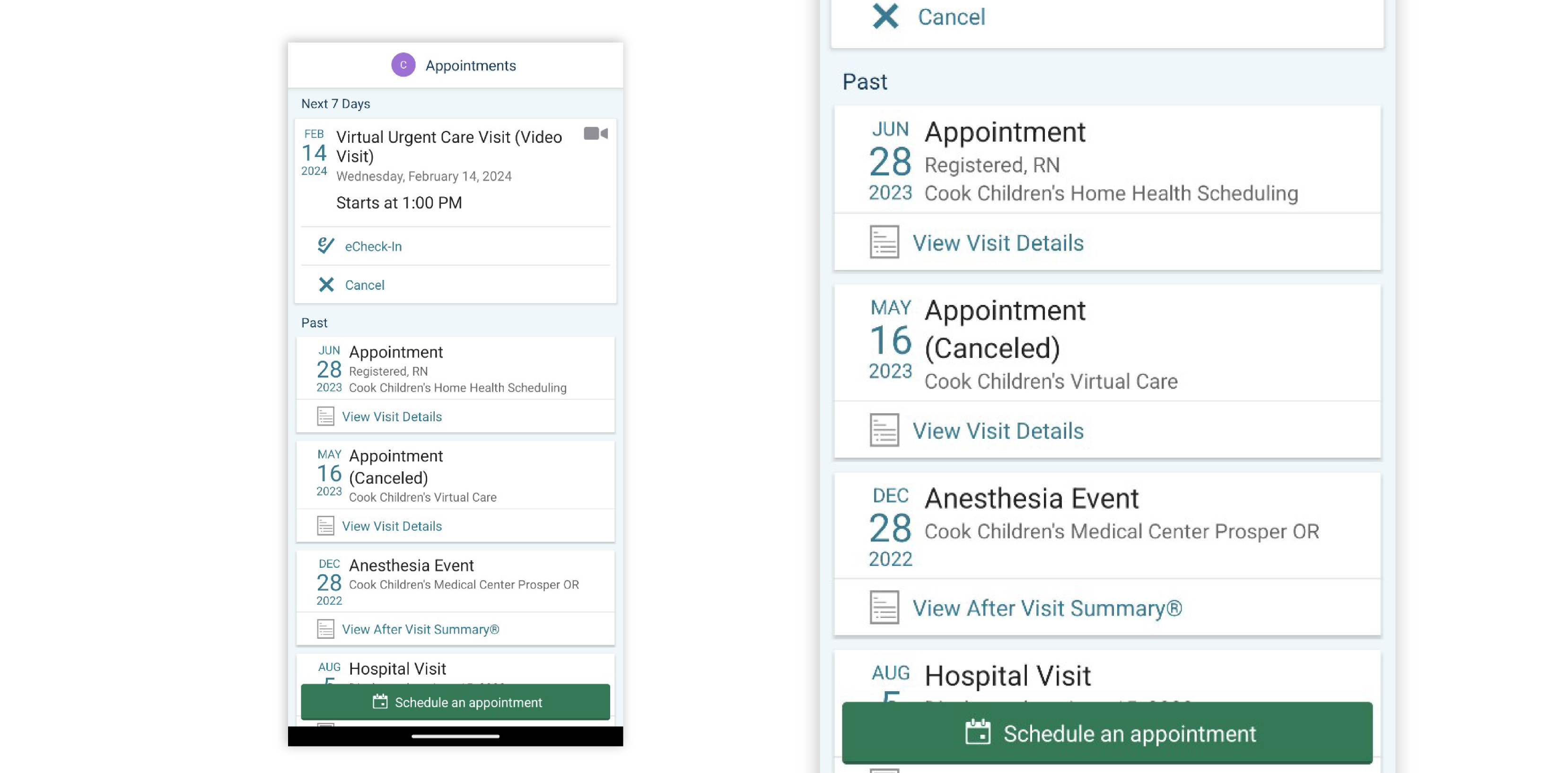 Graphic image of a MyCookChildren's app with listing of past, current, and future appointments