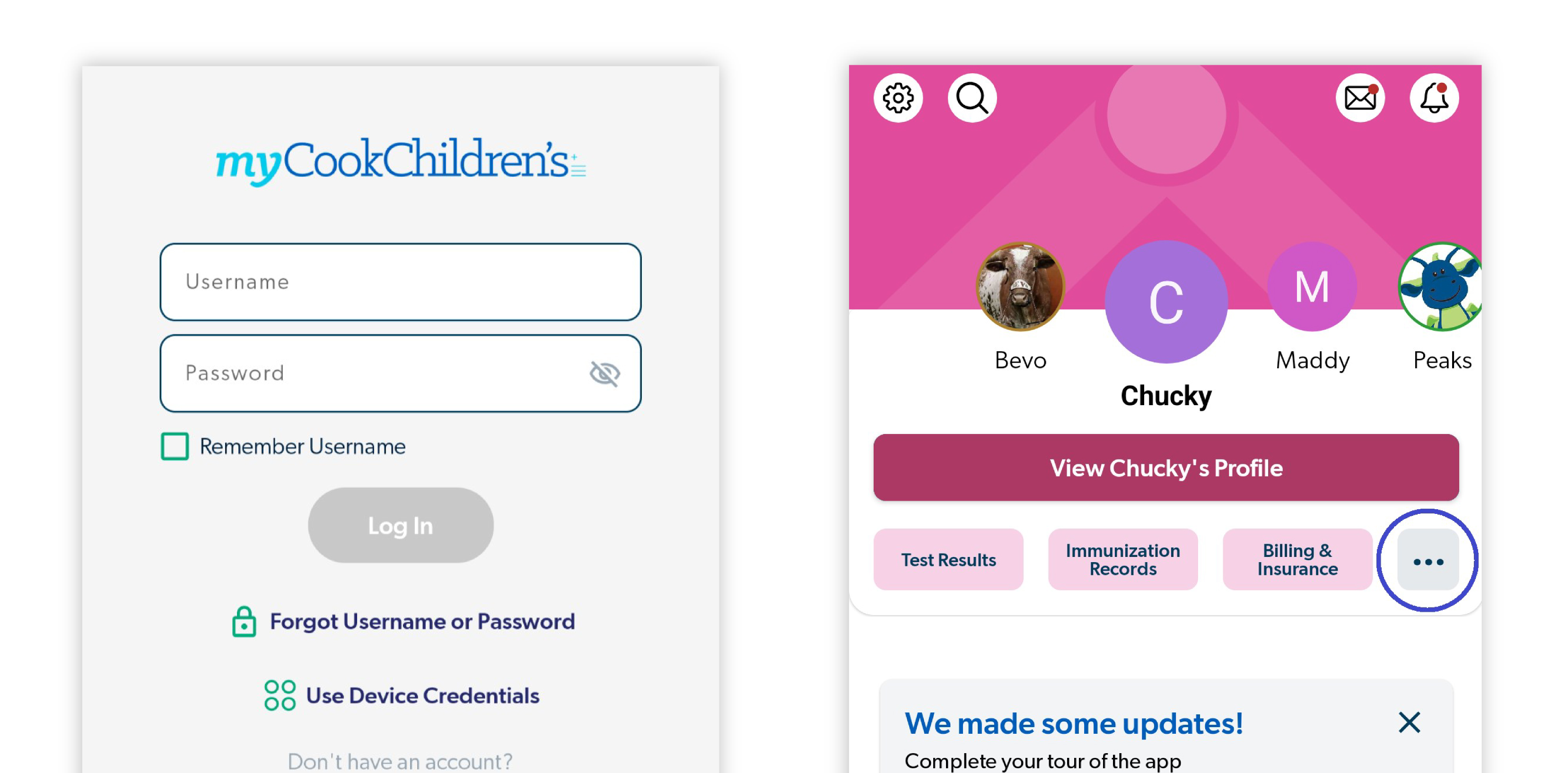 A graphic image showing the home screen for a MyCookChildren's login