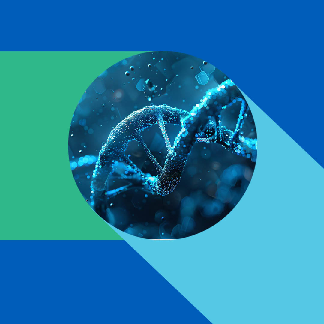 Blue DNA double helix in a circle over a geometric blue and green background